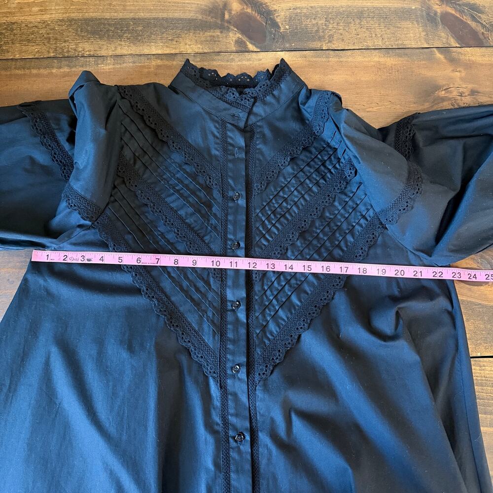 Zara Black Long Puff Sleeve Poplin Button Up Mini Shirt Dress Pintuck Lace LARGE - Picture 9 of 10